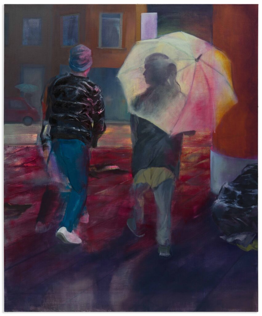 Unterwegs mit Schirm, 135x110cm, 2024 Öl auf Leinwand